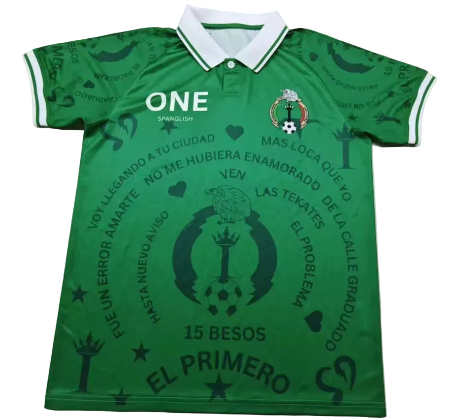 Green polo soccer jersey with text and graphics on a white background