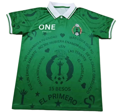 Green polo soccer jersey with text and graphics on a white background
